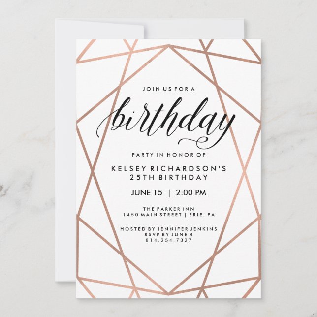 Faux Rose Gold Geometric Lines | Birthday Party Invitation (Front)