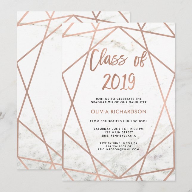 Faux Rose Gold Geometric | Marble Graduation Party Invitation (Front/Back)