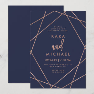 Faux Rose Gold Geometric Navy Blue Wedding Invitation