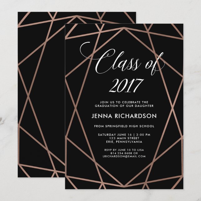 Faux Rose Gold Geometric on Black Graduation Party Invitation (Front/Back)