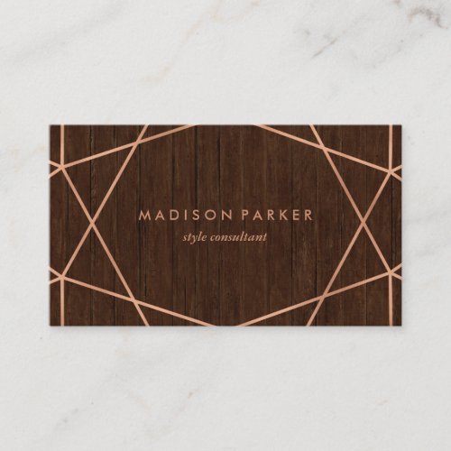 Faux Rose Gold Geometric on Rustic Brown Wood Look Business Card