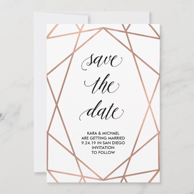 Faux Rose Gold Geometric on White | Save the Date (Front)