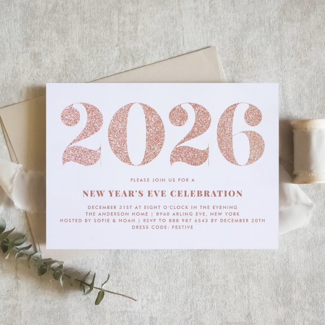 Faux Rose Gold Glitter 2026 New Year's Eve Party Invitation (Customizable 2026 New Year's Eve party invitation featuring faux rose gold glitter.)