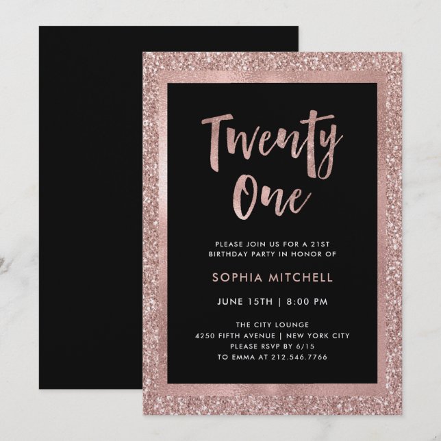 Faux Rose Gold Glitter | 21st Birthday Party Invitation (Front/Back)