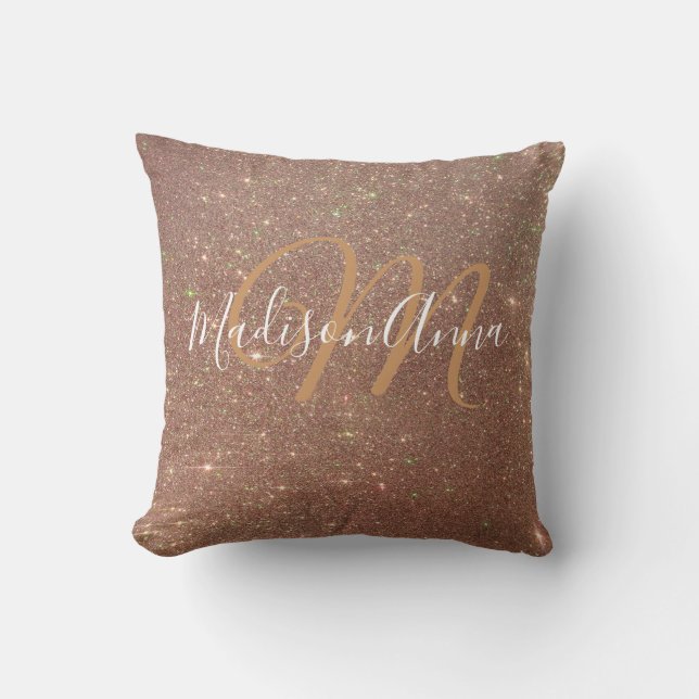 Faux Rose Gold Glitter 3 w/ Monogram & Name Throw Pillow (Front)