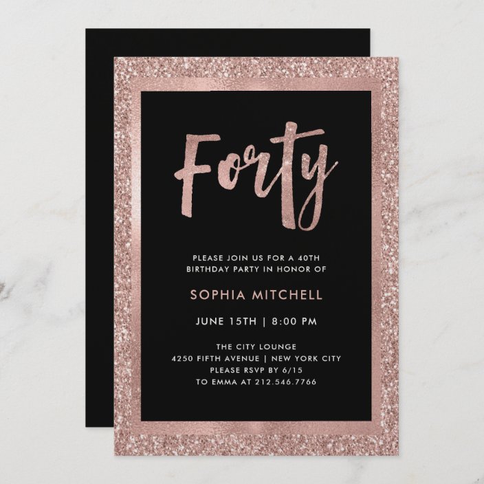 Faux Rose Gold Glitter | 40th Birthday Party Invitation | Zazzle.com