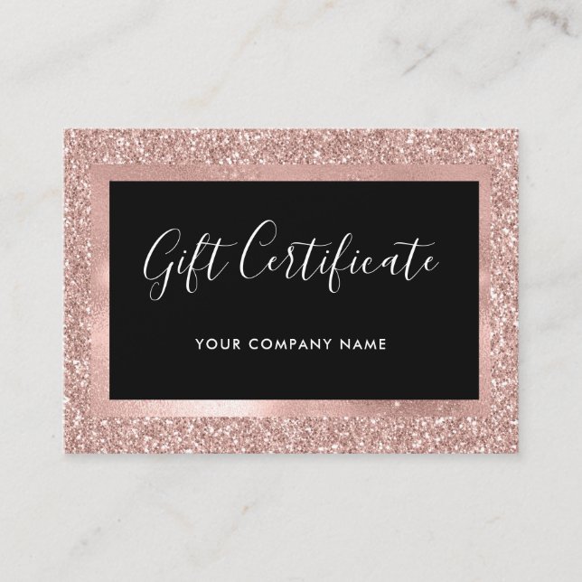 Faux Rose Gold Glitter and Black Gift Certificate (Front)