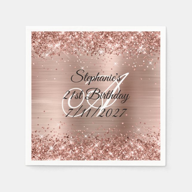 Faux Rose Gold Glitter and Foil 21st Birthday Napkins (Front)