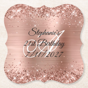 Faux Rose Gold Glitter and Foil 21st Birthday Paper Coaster