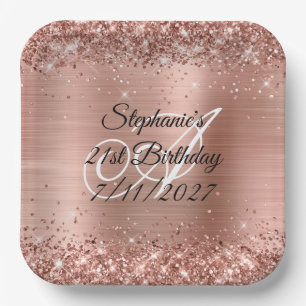 Faux Rose Gold Glitter and Foil 21st Birthday Paper Plates