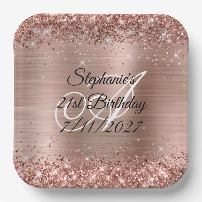 Faux Rose Gold Glitter and Foil 21st Birthday Paper Plates (Front)