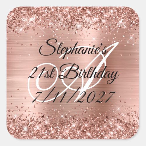 Faux Rose Gold Glitter and Foil 21st Birthday Square Sticker