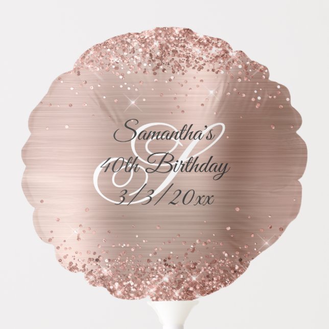 Faux Rose Gold Glitter and Foil 40th Birthday Balloon (Front)