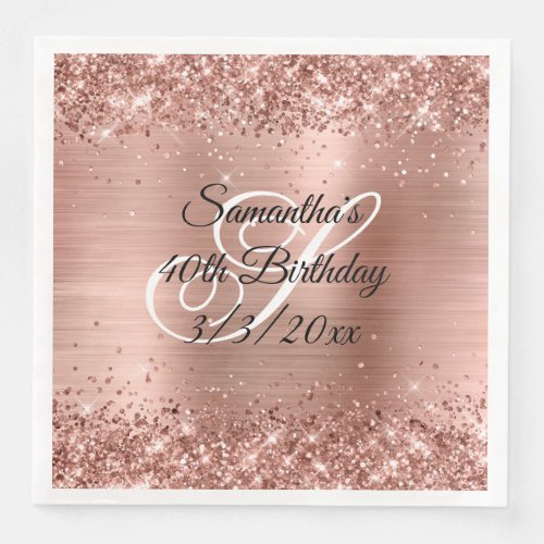 Faux Rose Gold Glitter and Foil 40th Birthday Paper Dinner Napkins