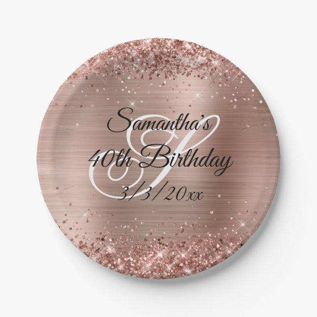 Faux Rose Gold Glitter and Foil 40th Birthday Paper Plates (Front)