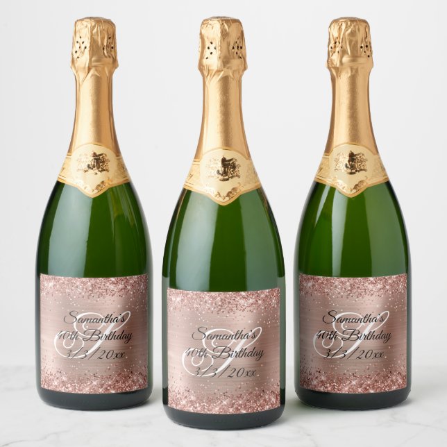 Faux Rose Gold Glitter and Foil 40th Birthday Sparkling Wine Label (Bottles)