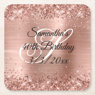 Faux Rose Gold Glitter and Foil 40th Birthday Square Paper Coaster