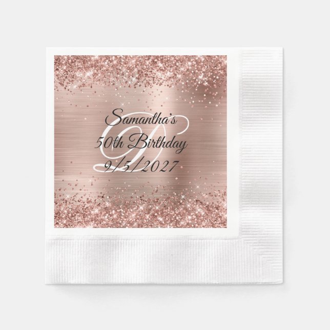 Faux Rose Gold Glitter and Foil 50th Birthday Napkins (Front)