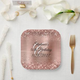 Faux Rose Gold Glitter and Foil 50th Birthday Paper Plates