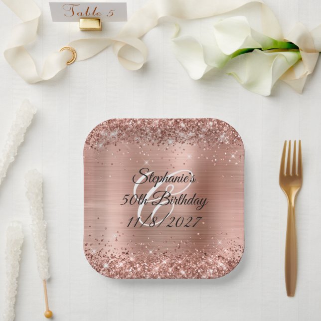 Faux Rose Gold Glitter and Foil 50th Birthday Paper Plates (Wedding)