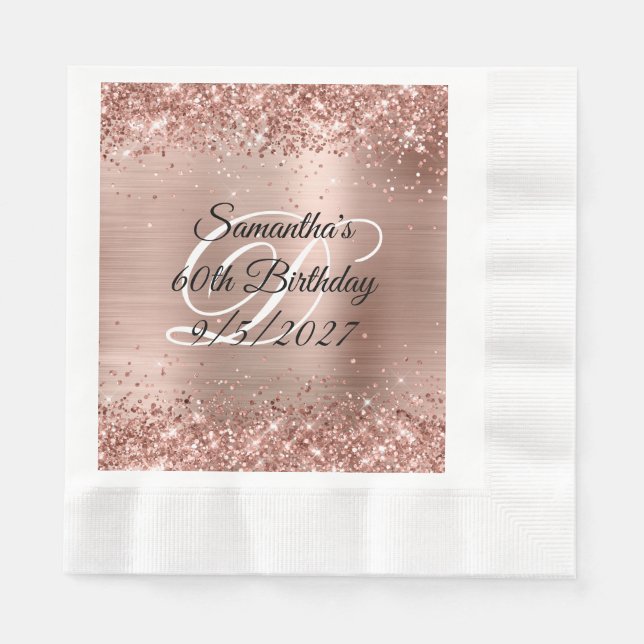 Faux Rose Gold Glitter and Foil 60th Birthday Napkins (Front)