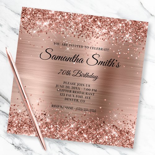 Faux Rose Gold Glitter and Foil 70th Birthday Invitation