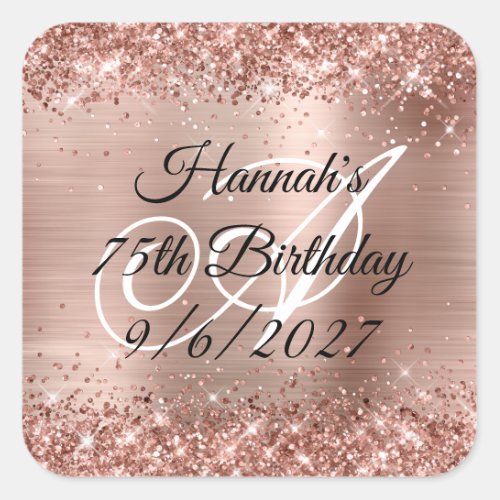 Faux Rose Gold Glitter and Foil 75th Birthday Square Sticker