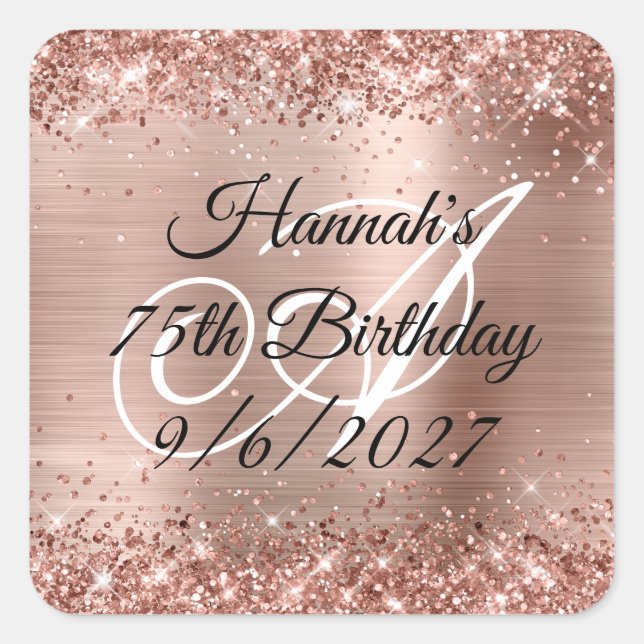 Faux Rose Gold Glitter and Foil 75th Birthday Square Sticker (Front)