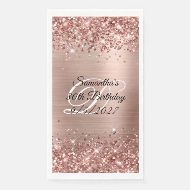 Faux Rose Gold Glitter and Foil 80th Birthday Paper Guest Towels (Front)
