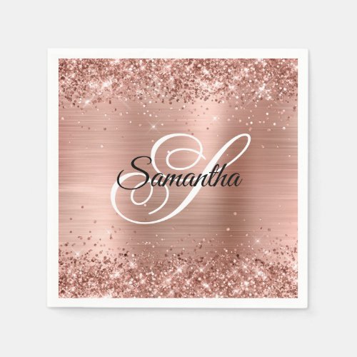 Faux Rose Gold Glitter and Foil Fancy Monogram Napkins