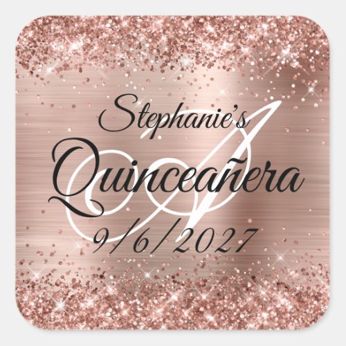 Faux Rose Gold Glitter and Foil Quinceaera Square Sticker