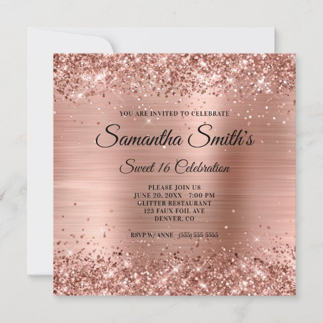 Faux Rose Gold Glitter and Foil Sweet 16 Invitation (Front)