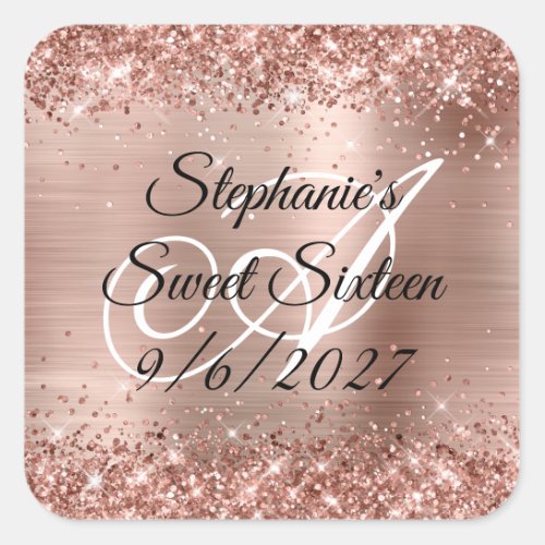 Faux Rose Gold Glitter and Foil Sweet Sixteen Square Sticker