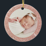 Faux Rose Gold Glitter Baby First Christmas Photo Ceramic Ornament<br><div class="desc">Add sparkle and shine to your Christmas tree with this festive custom baby's first Christmas photo ornament. It features faux rose gold glitter with classic typography. Personalize by adding photos, holiday greeting, year and family signature. Feature your favourite baby photo with this glitter Christmas photo ornament. This holiday baby photo...</div>