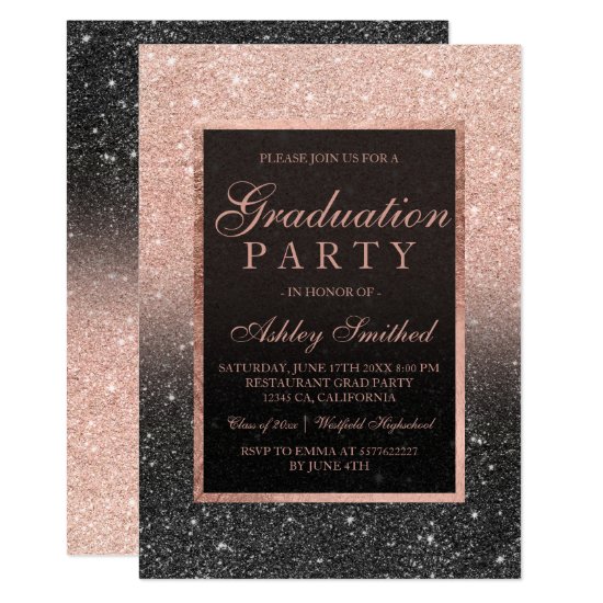 Faux rose gold glitter black Graduation party Invitation