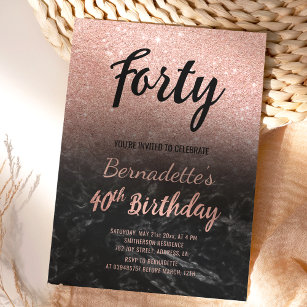 Faux rose gold glitter black marble 40th Birthday Invitation