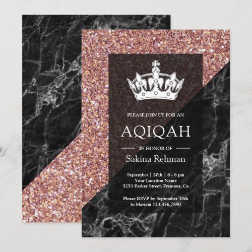 Faux Rose Gold Glitter Black Marble Aqiqah