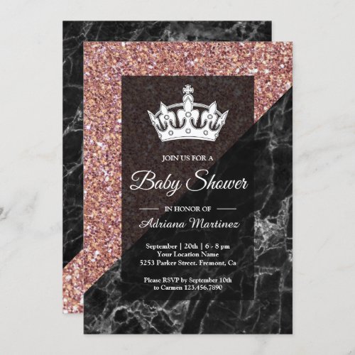 Faux Rose Gold Glitter Black Marble Baby Shower Invitation