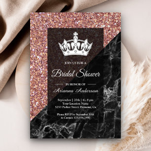 Faux Rose Gold Glitter Black Marble Bridal Shower Invitation