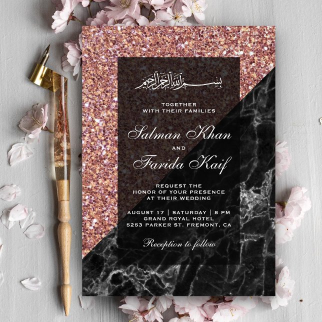 Faux Rose Gold Glitter Black Marble Muslim Wedding Invitation (Creator Uploaded)