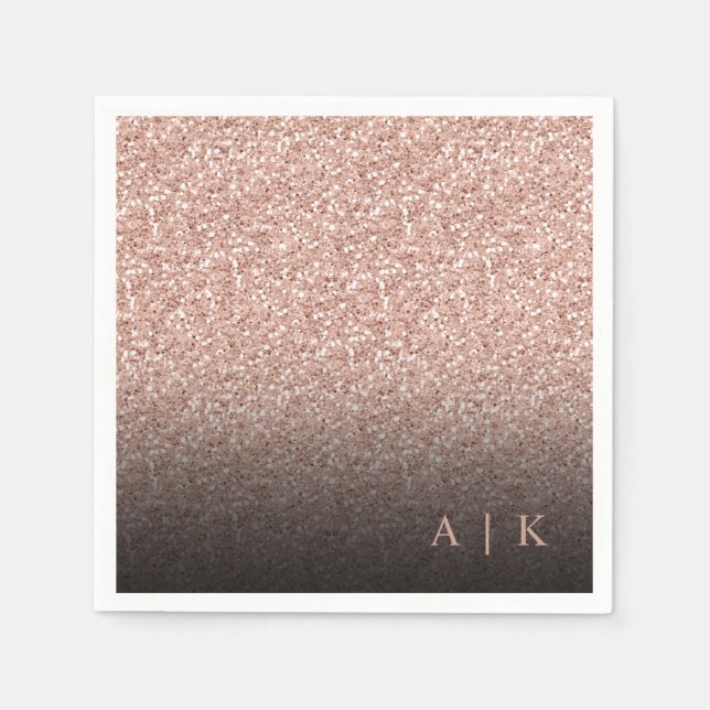 Faux Rose Gold Glitter Black Monogram Wedding Napkins (Front)