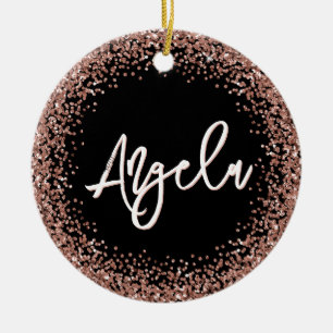 Faux Rose Gold Glitter Black Photo Ceramic Ornament