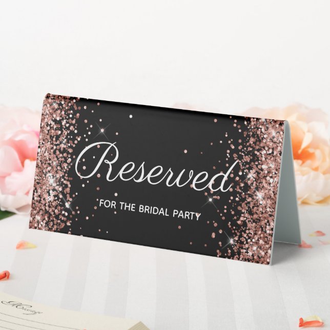 Faux Rose Gold Glitter Black Reserved Table Tent (In SItu (Wedding))