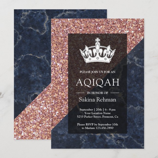 Faux Rose Gold Glitter Blue Marble Aqiqah Invitation (Front/Back)