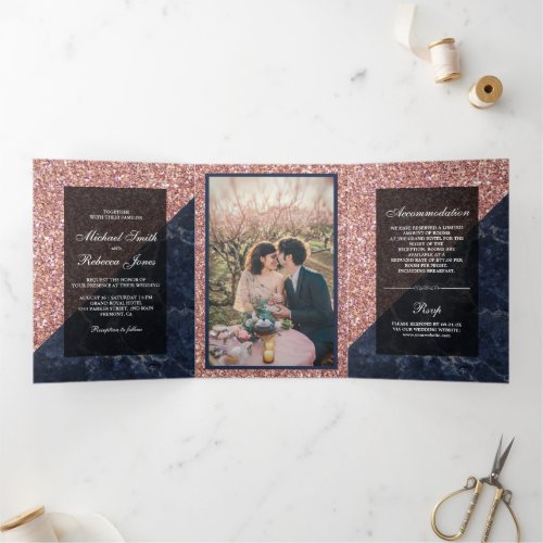 Faux Rose Gold Glitter Blue Marble Wedding Photo Tri_Fold Invitation