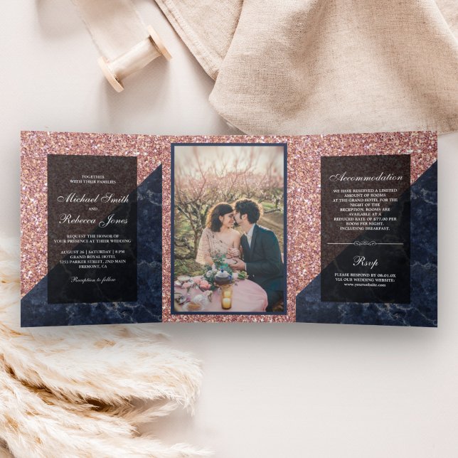 Faux Rose Gold Glitter Blue Marble Wedding Photo Tri-Fold Invitation (Creator Uploaded)