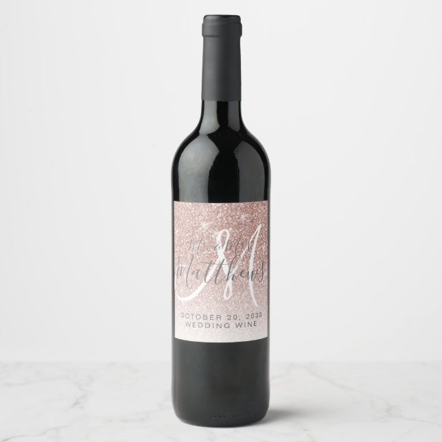 Faux Rose Gold Glitter Blush Pink Monogram Wedding Wine Label (Front)