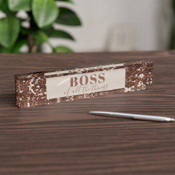 Faux Rose Gold Glitter Boss Acrylic Block Desk Name Plate by mothersdaisy at Zazzle
