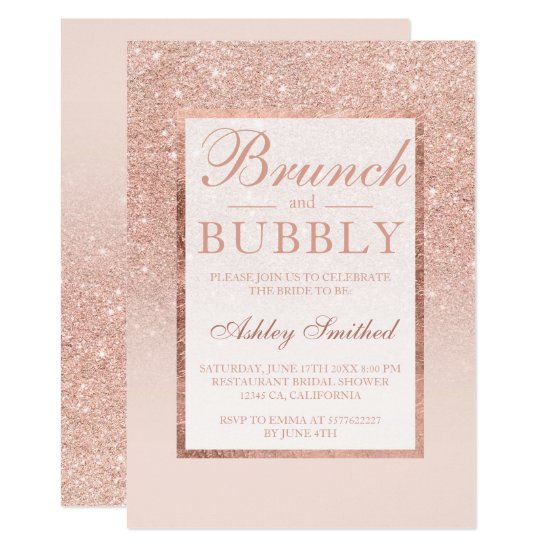 Faux rose gold glitter brunch bubbly bridal shower invitation