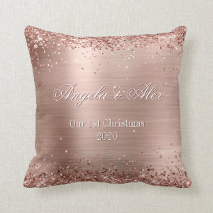 Faux Rose Gold Glitter Brushed Metal Foil Photo Throw Pillow